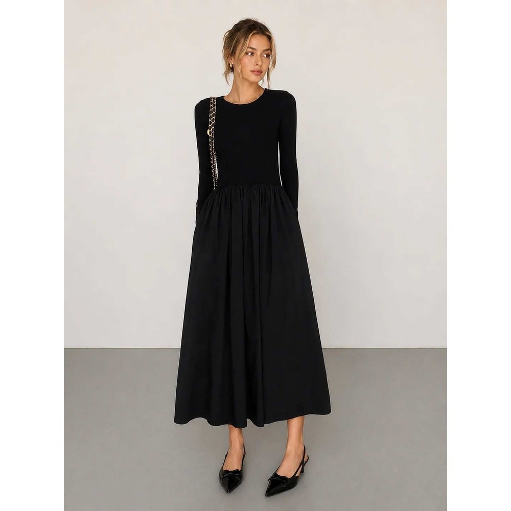 Commense Black Long Sleeve Drop Waist Maxi Dress with Pockets Crew Neck Knit Top